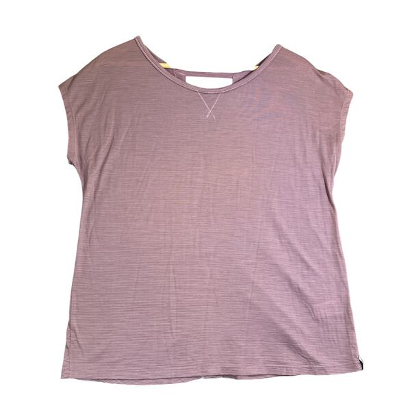 Smartwool Shirt Women Large Pink Stripe Merino Wool Hiking Cutout Back Tiny Flaw - Picture 1 of 12